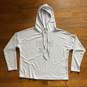 Rae Dunn Light Blue and White Striped “Explore More” Hoodie